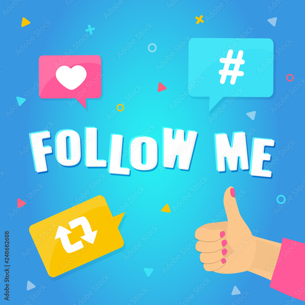 Follow me concept. Banner for Streamer, Blogger, Traveler. hands with thumbs up and Hashtag, like, repost symbols. Social media, online promotion, sharing posts concept Vector illustration Follow me concept. Banner for Streamer, Blogger, Traveler. hands with thumbs up and Hashtag, like, repost symbols. Social media, online promotion, sharing posts concept Vector illustration