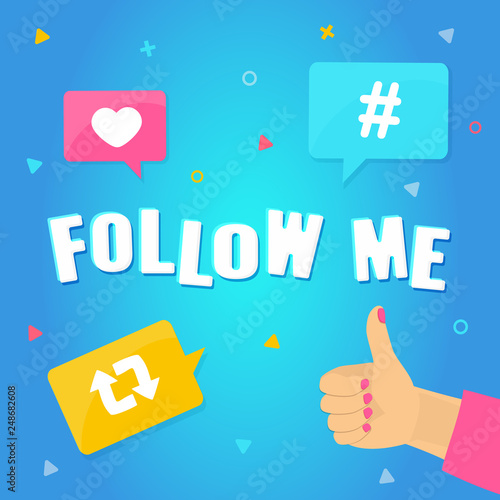 Follow me concept. Banner for Streamer, Blogger, Traveler. hands with thumbs up and Hashtag, like, repost symbols. Social media, online promotion, sharing posts concept Vector illustration