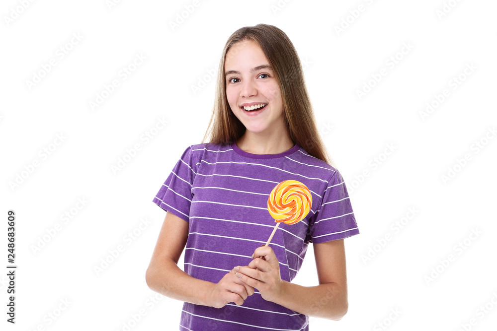 Young girl with lollipop on white background Young girl with lollipop on white background