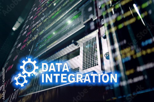 Data integration information technology concept on server room background