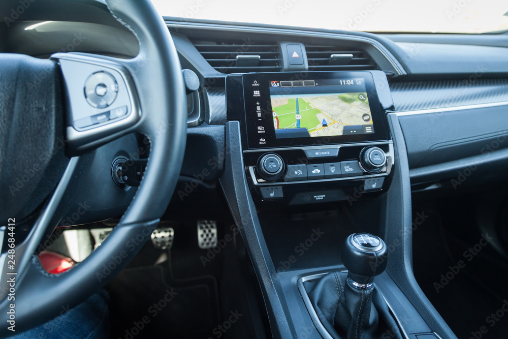 Modern car interior. GPS vehicle navigation system inside a car.