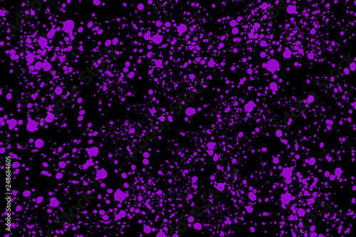 Neon purple paint splashes on black background Color splash and drop pattern Abstract texture for web-design, digital printing or concept design.