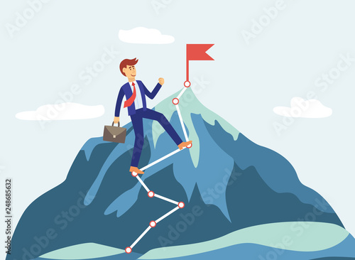 Cartoon businessman climbs a mountain with goal to achieve success and red flag.