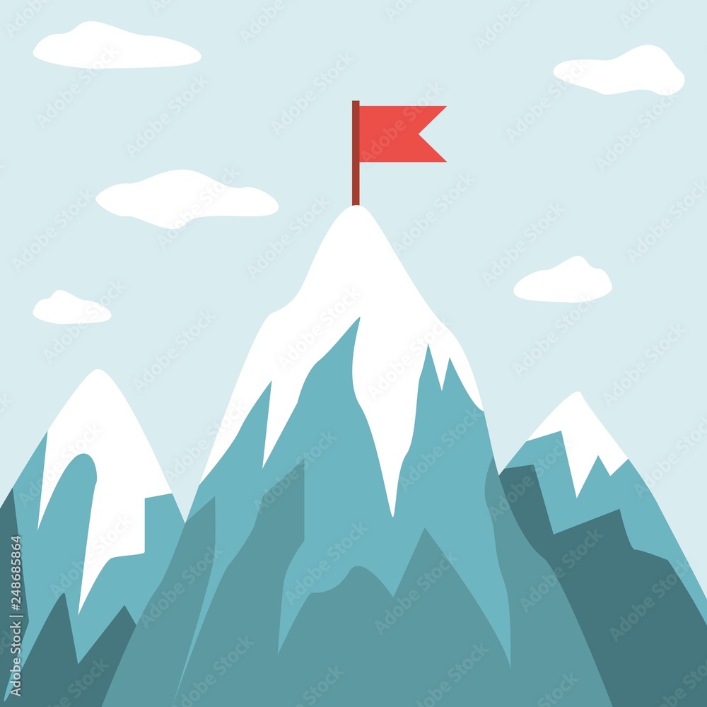 Gray, blue cartoon mountains and rocks with a red flag on peak, оn the  background the sky with clouds. Stock Vector | Adobe Stock