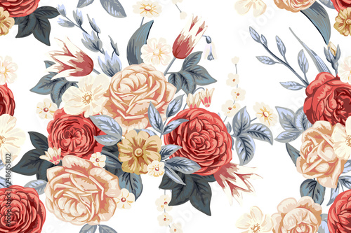 Seamless pattern with vintage pale roses