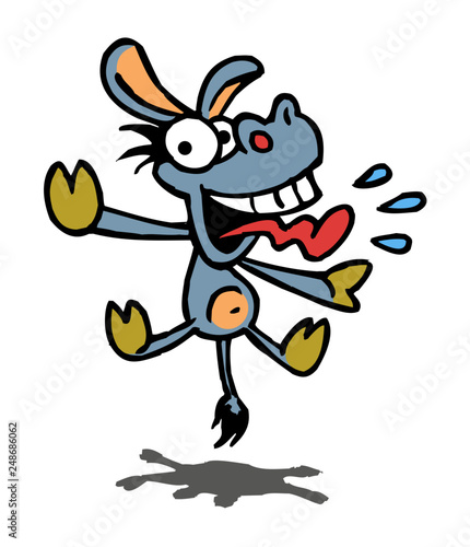 Crazy donkey jumping and waving his ears and hooves, cartoon joke