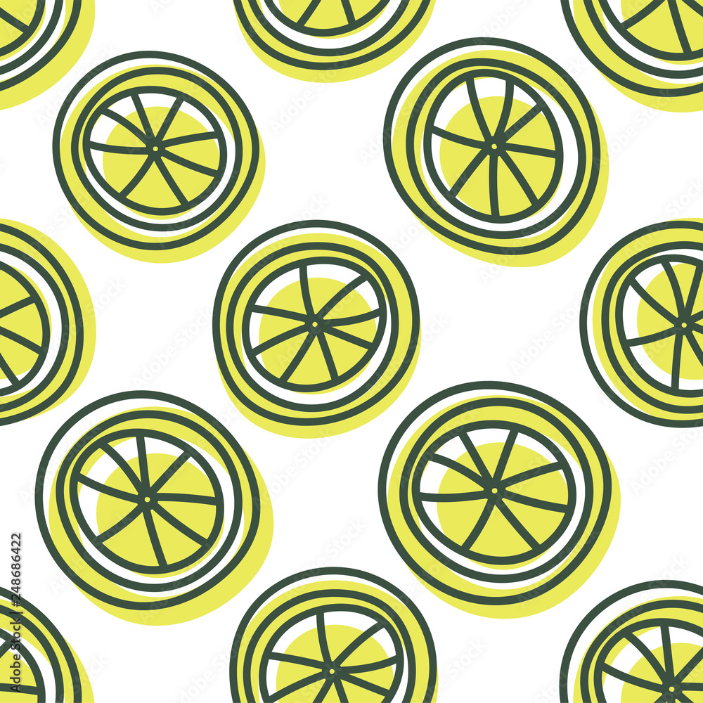 Lemon seamless pattern. Hand drawn fresh fruit. Vector sketch background. Color doodle wallpaper. Exotic yellow tropical print