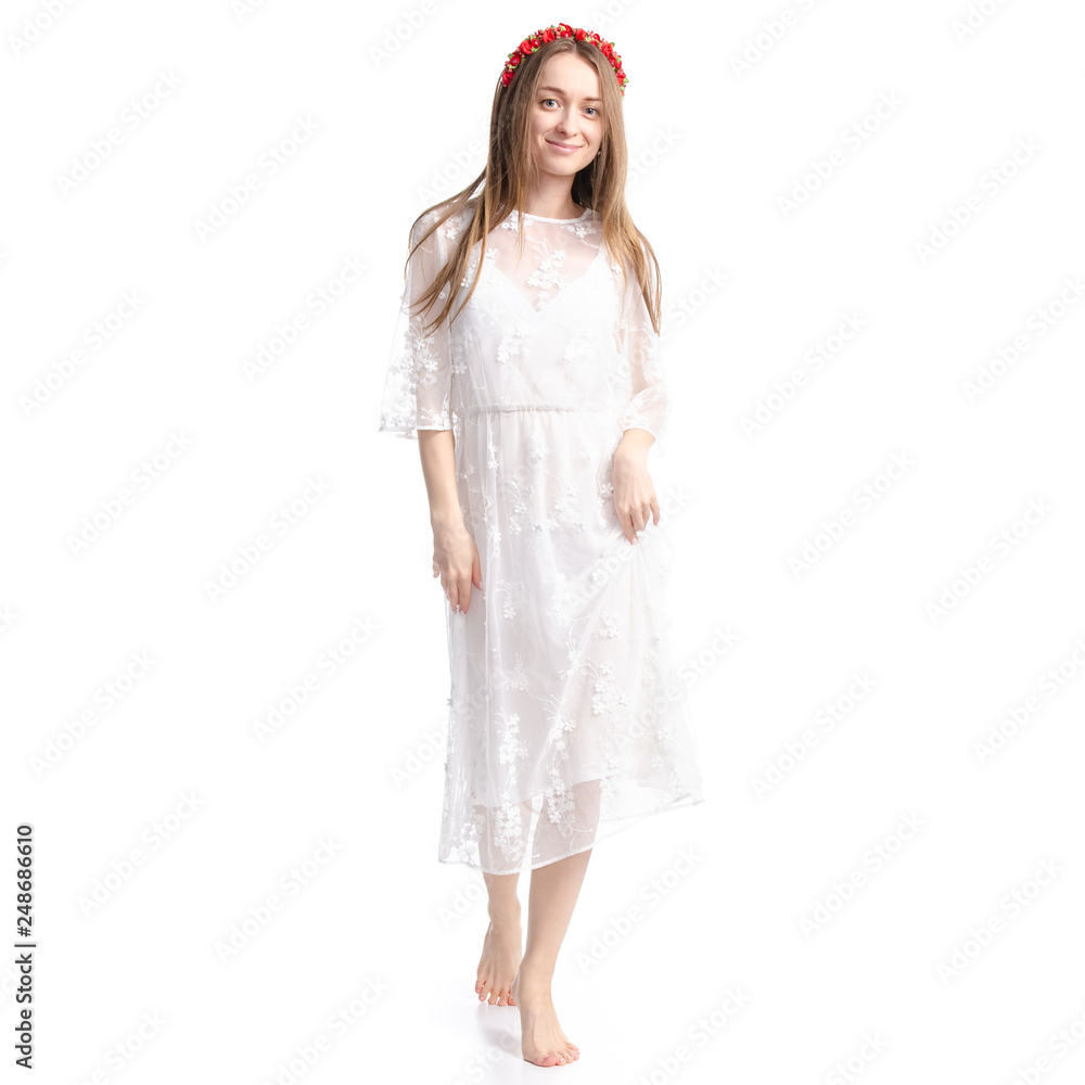 Woman in white dress summer spring laced goes on white background isolation Woman in white dress summer spring laced goes on white background isolation