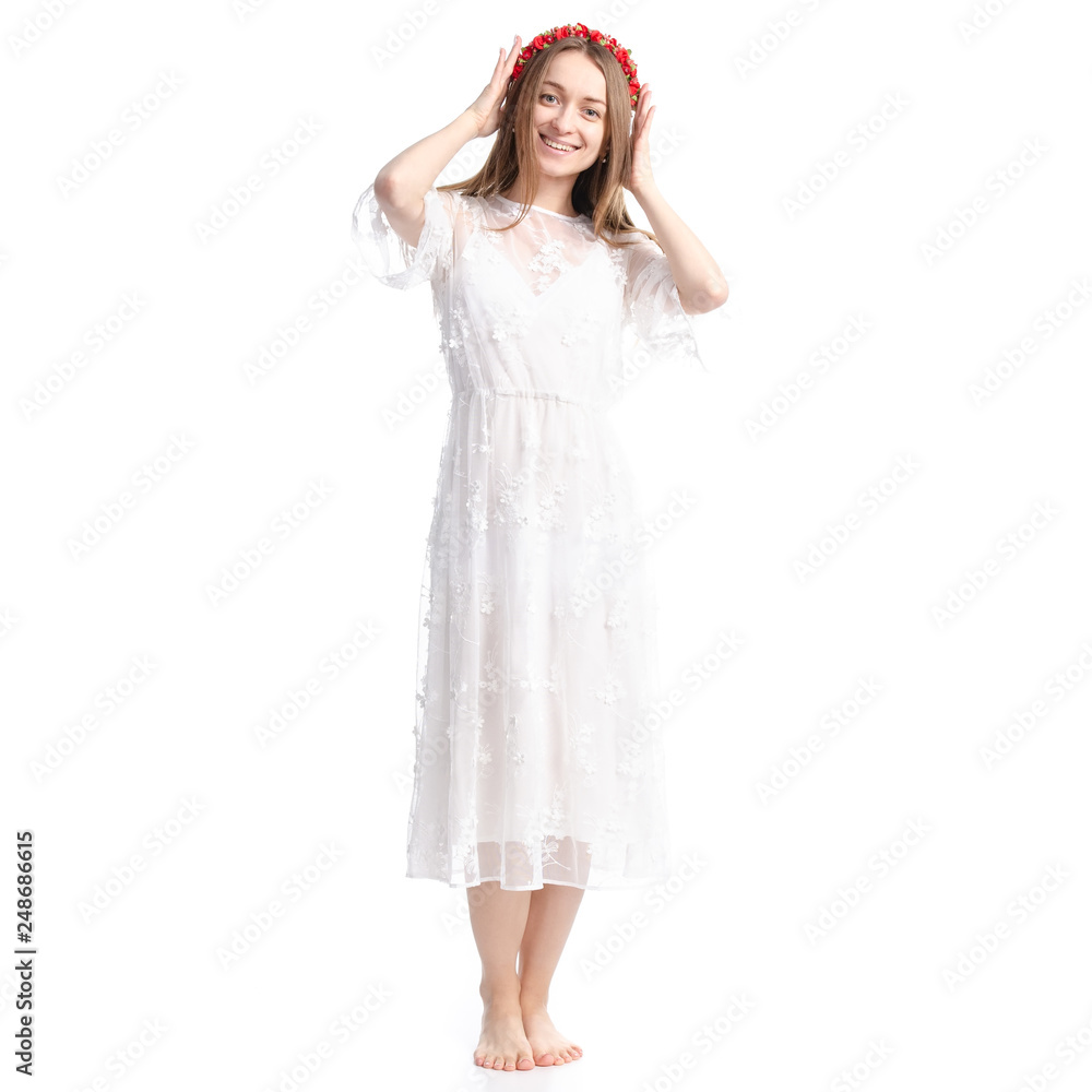 Woman in white dress summer spring laced on white background isolation Woman in white dress summer spring laced on white background isolation