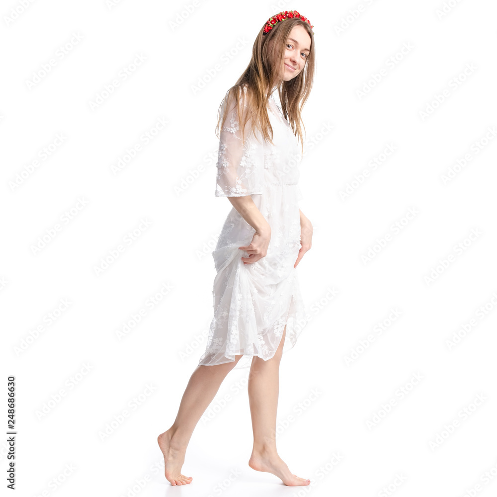 Woman in white dress summer spring laced goes on white background isolation