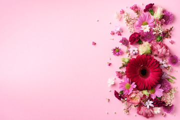 Spring composition of pink flowers on punchy pastel background with copy space. Creative layout. Flat lay. Top view. Summer minimal concept.