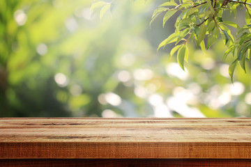 Wooden table and blurred green nature garden background.