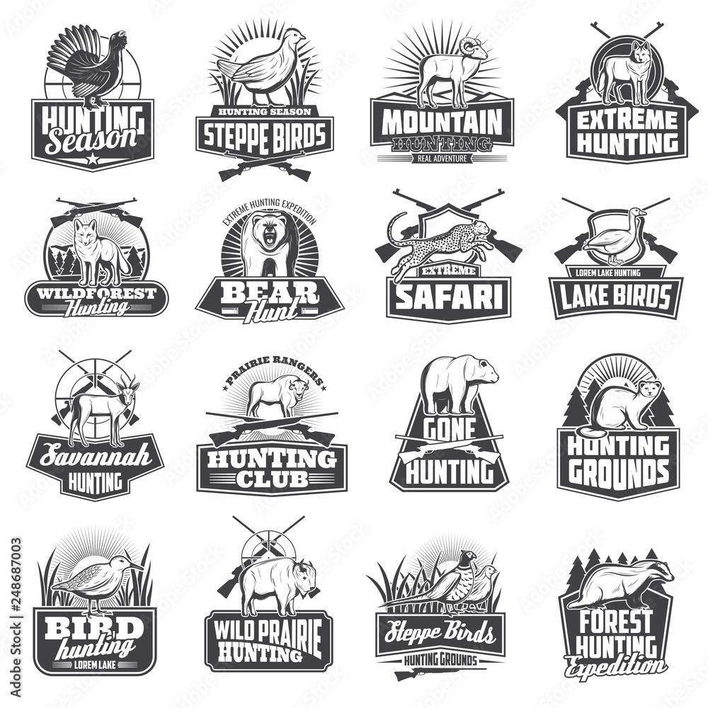 Hunting sport ammo, hunter animals trophy icons Hunting sport ammo, hunter animals trophy icons