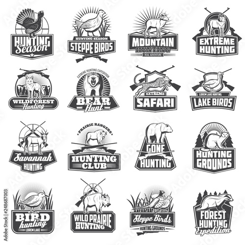 Hunting sport ammo, hunter animals trophy icons