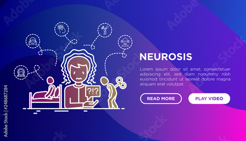 Neurosis symptoms web page template. Thin line icon set: panic attack, headache, fatigue, insomnia, despair, phobia, mood instability, dizziness. Modern vector illustration.
