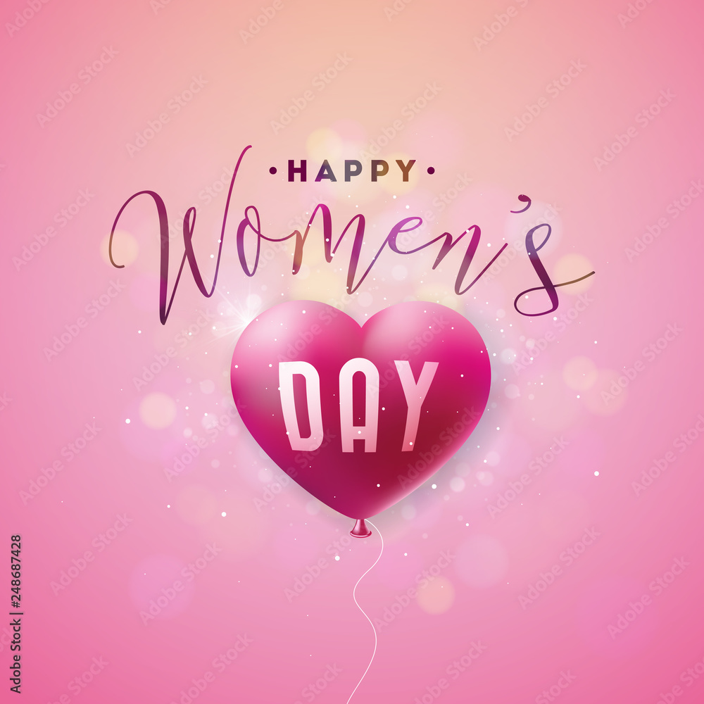 Happy Womens Day Greeting card. International Holiday Illustration with Air Balloon and Typography Design on Pink Background. Vector Spring 8 March Celebration Template.
