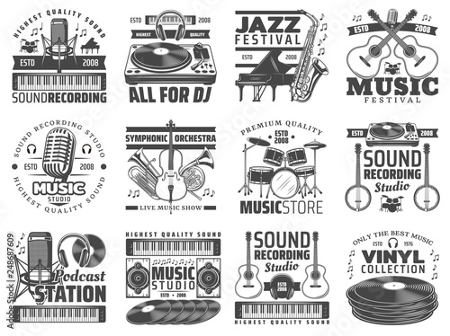 Music store, DJ sound recording studio icons