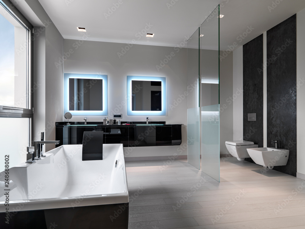 nteriors shots of a modern bathroom in the foreground the bathtub in the background the washbasin furniture and the toilet bowl and bidetand nteriors shots of a modern bathroom in the foreground the bathtub in the background the washbasin furniture and the toilet bowl and bidetand