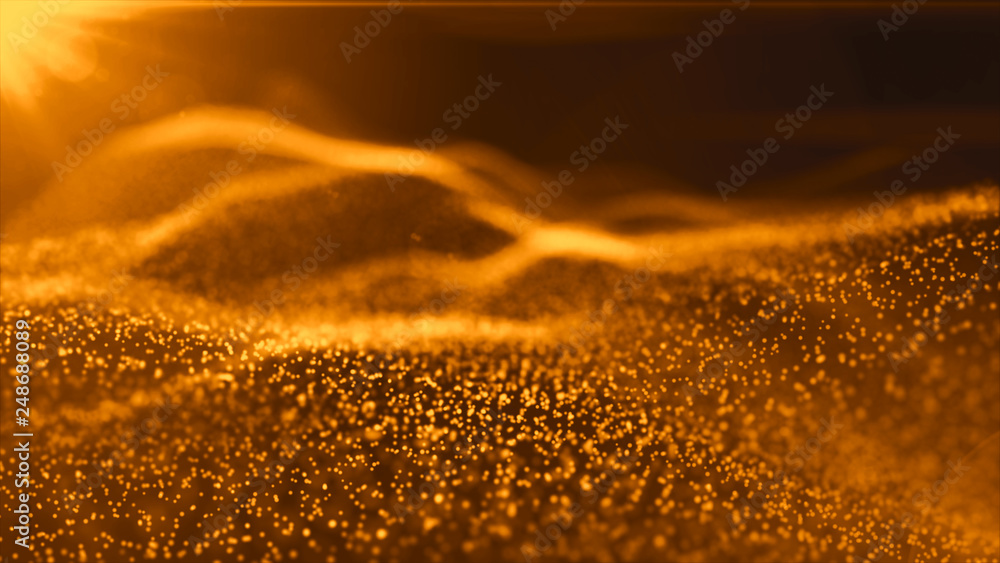 Foto de Golden yellow shiny Particles form line and surface grid. 3d ...