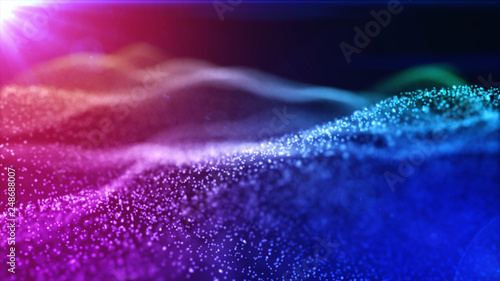 Particles form line and surface grid. 3d rendering. Science fiction background of glowing particles with depth of field and bokeh. 