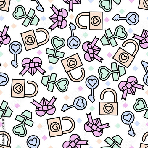 Cute objects and elements in seamless patterns background for Valentine’s day..