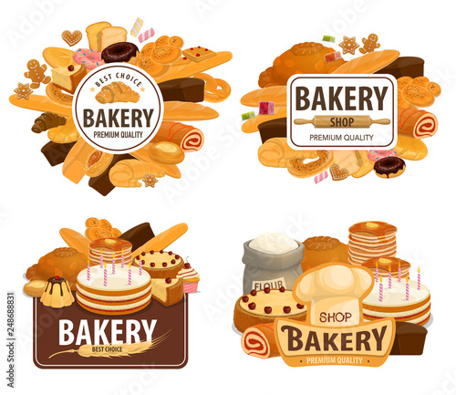 Bakery shop cakes, patisserie pastry desserts