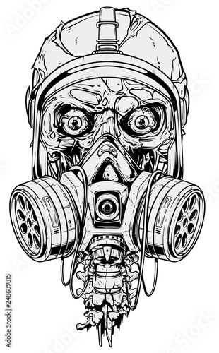 Detailed graphic realistic cool black and white human skull with protective gas mask, crazy eyes and broken spine. Isolated on white background. Vector icon.