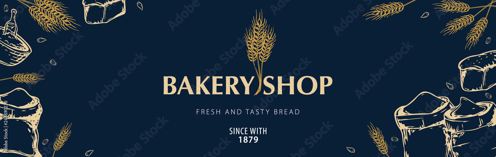 Bakery background with wheats. Linear graphic. Bread banner collection. Bread house. Vector illustration
