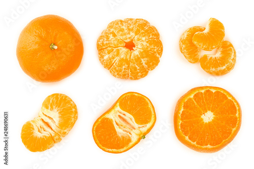 tangerine or mandarin with leaves isolated on white background. Top view. Flat lay. Set or collection