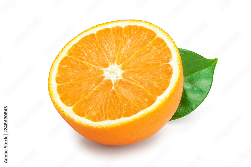 orange fruit half with leaves isolated on white background orange fruit half with leaves isolated on white background