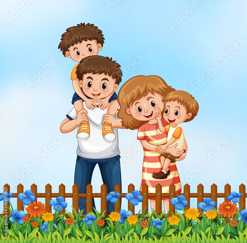Happy family in the flower graden