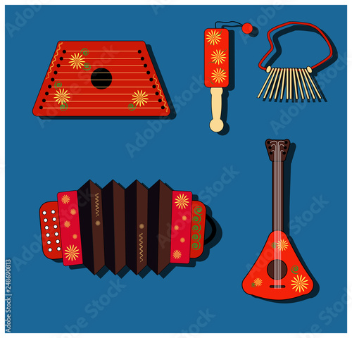 Accordion, balalaika, clapper, ratchet, rattle, gusli. Set Isolate vector Musical instrument. Russian style. Shrovetide.