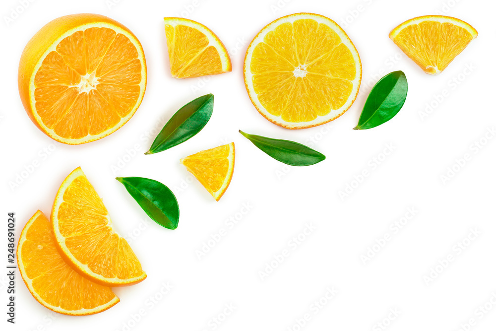 orange with leaves isolated on white background with copy space for your text. Top view. Flat lay