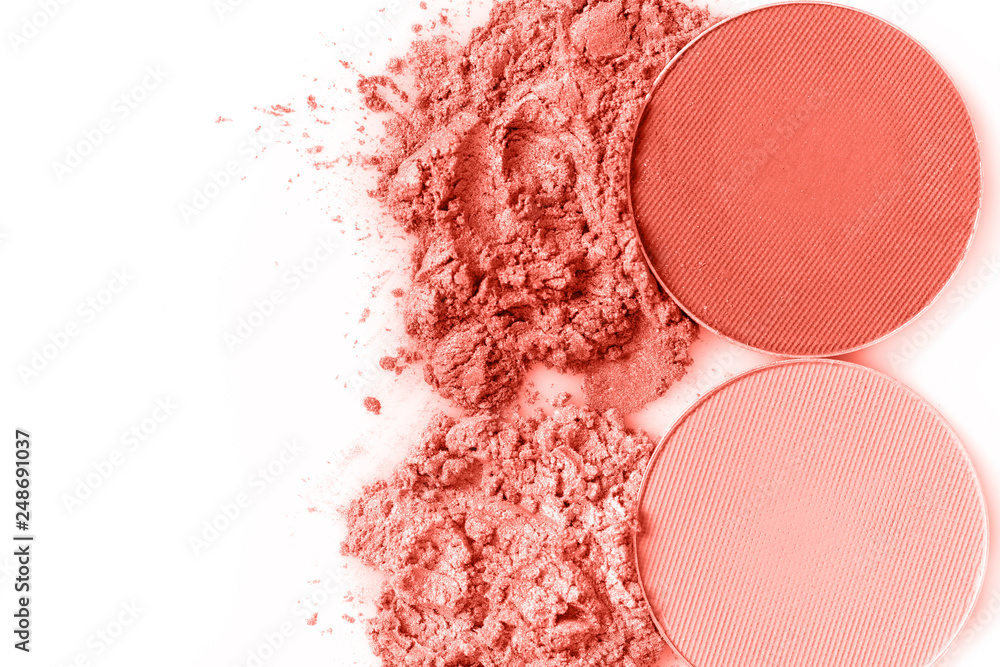 Crushed eye shadow and round eye shadow isolated on the white background Crushed eye shadow and round eye shadow isolated on the white background