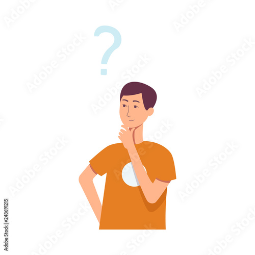 Vector flat young caucasian man thinking icon