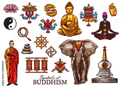 Buddhism religion, meditation sketch symbols