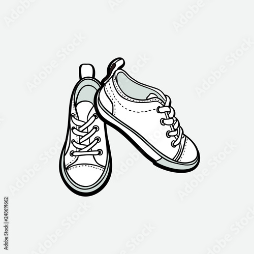 Sneakers shoes pair isolated. Hand drawn vector illustration black white shoes. Sport boots hand drawn for logo, poster, postcard, fashion booklet, flyer. Vector sketch sneakers. Sport shoes.