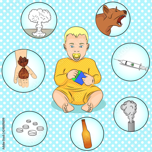 The child is surrounded by negative life factors. Pop art background. Imitation of comics style. Vector
