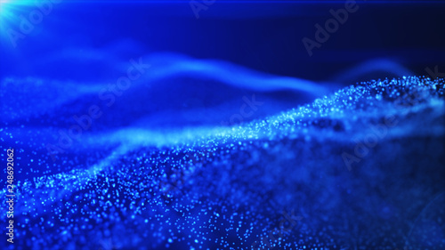 Particles form line and surface grid. 3d rendering. Science fiction background of glowing particles with depth of field and bokeh. 