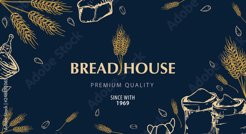 Bakery background with wheats. Linear graphic. Bread banner collection. Bread house. Vector illustration