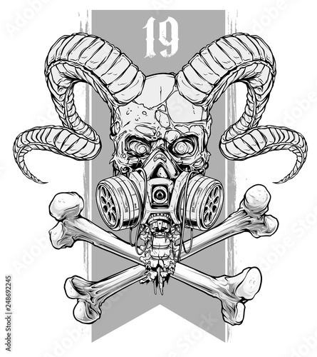 Detailed graphic realistic cool black and white human skull with protective gas mask, demon horns and crossed bones. Isolated on gray background. Vector icon.