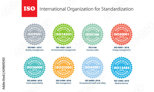 Set of International Organization for Standardization certified sign icon. Flat icons vector, Popular standards, Management system. photo