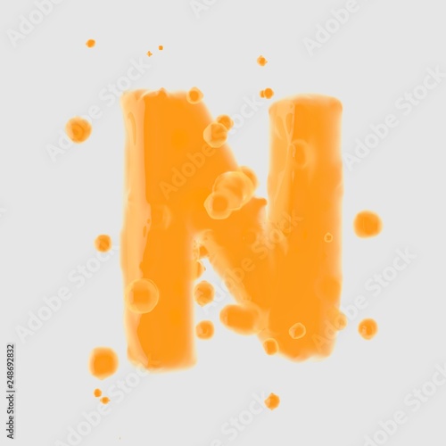 3d letter N uppercase. Orange Juice font with drops isolated on white background