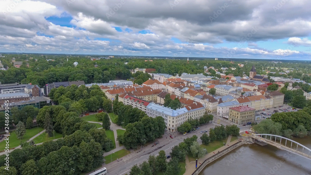 Tartu, Estonia. Panoramic aerial view at summer sunset