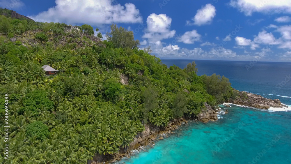 Beautiful aerial view of Seychelles beach from a drone perspective