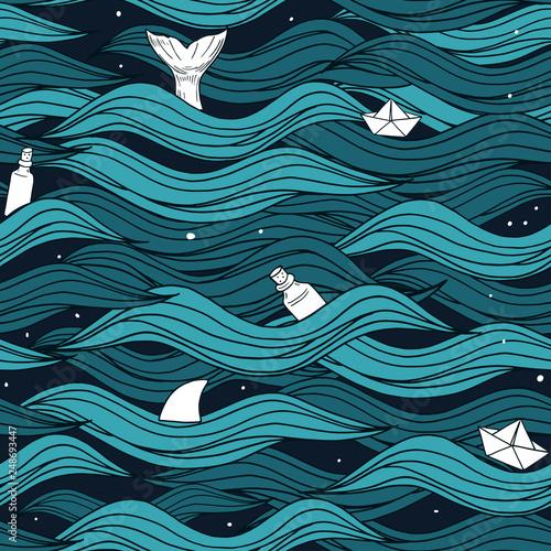 Seamless pattern with sea waves, paper boat, bottle. Vector illustration