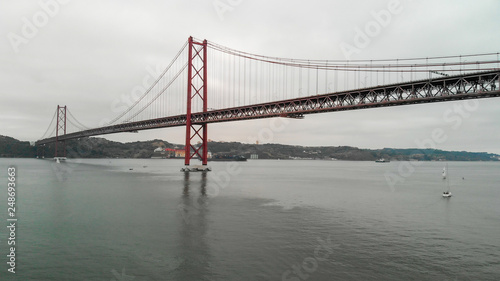 Aerial view of Lisbon 25 April Red Bridge in autumn, Portugal