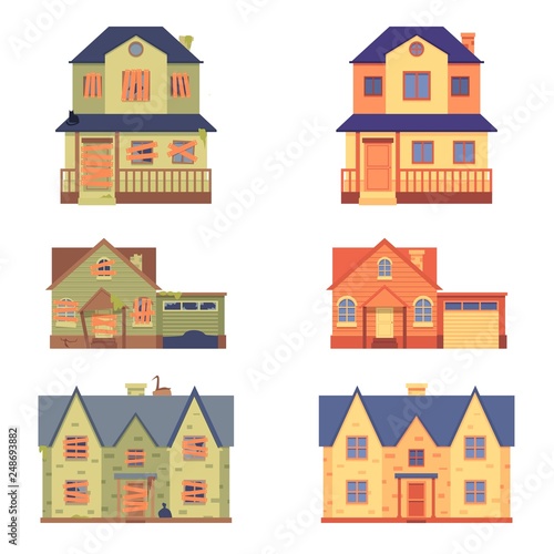 Vector set of home renovation in flat cartoon style, before and after.