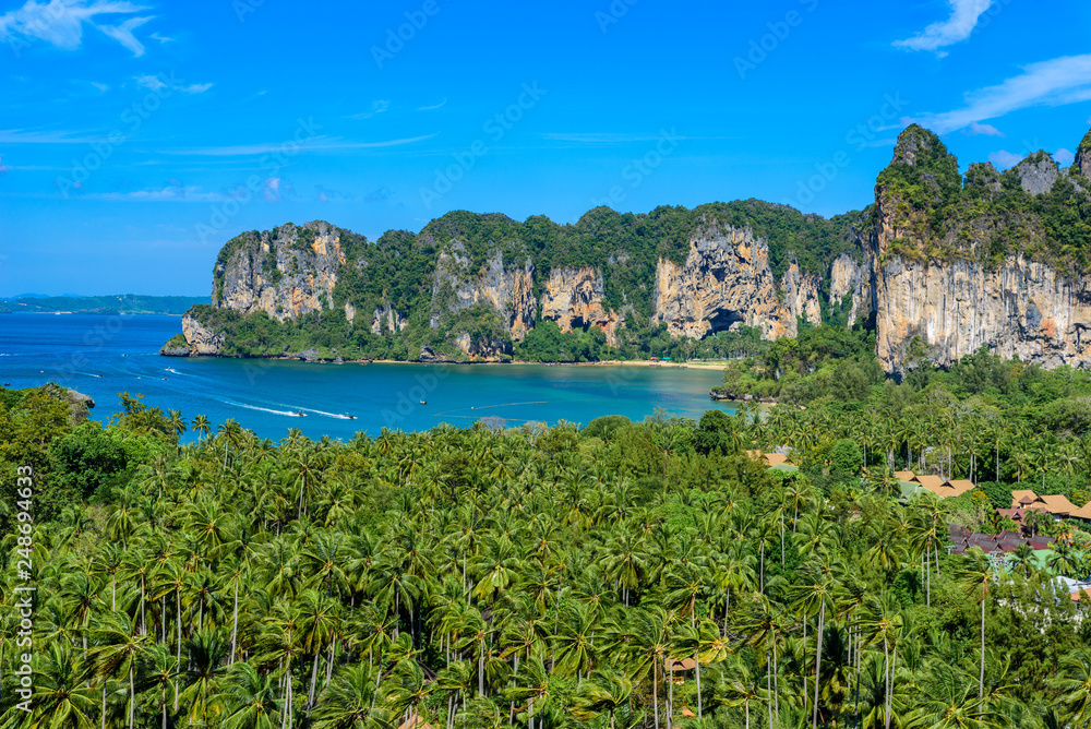 Beautiful view on Railay west beach from view point. Tropical beach with karst rock formations on the paradise coast - Railay, Krabi, Thailand.