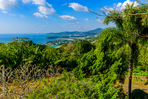 Karon View Point - View of Karon Beach  Kata Beach and Kata Noi in Phuket  Thailand. Landscape scenery of tropical and paradise island. Beautiful turquoise sea and blue sky on summer day.